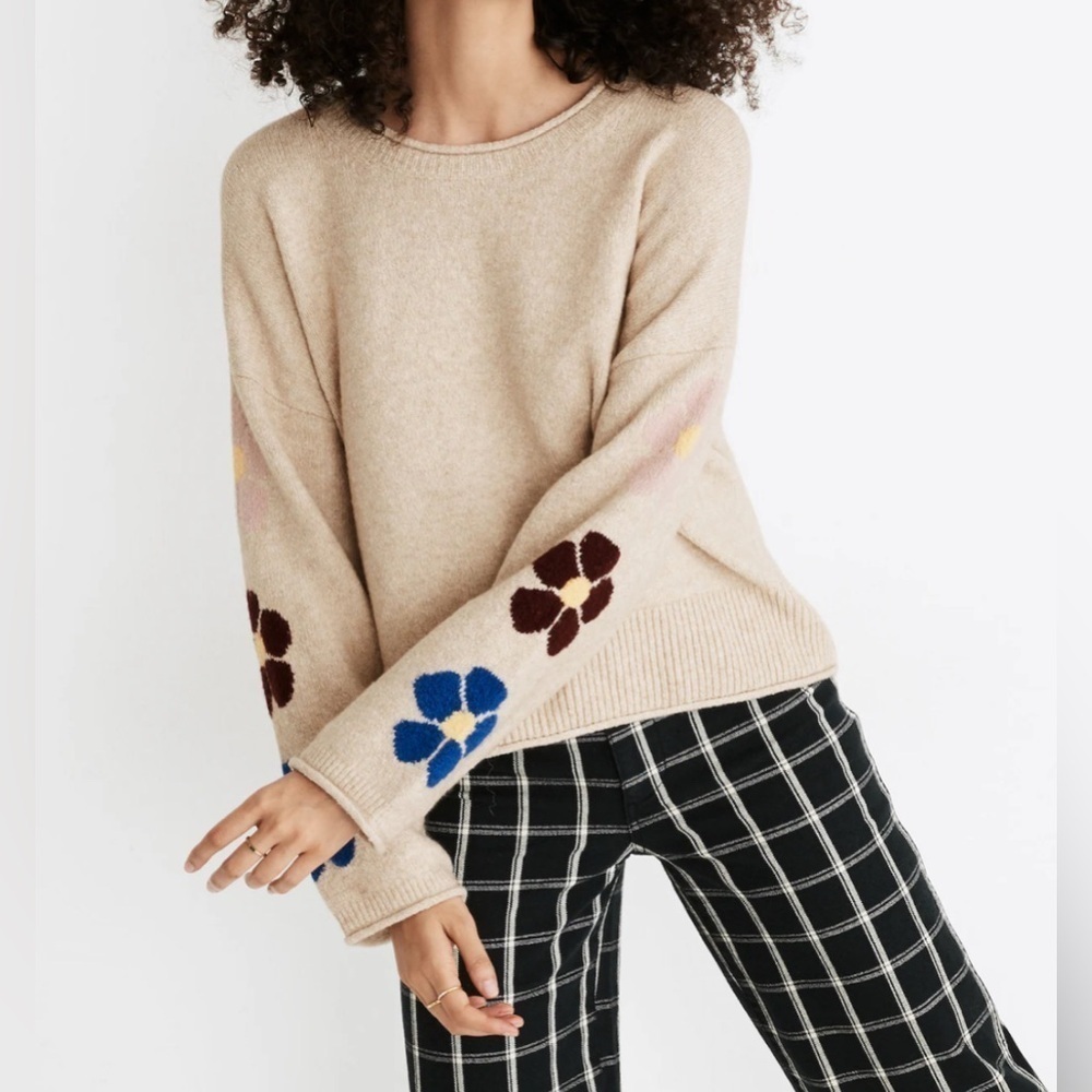 NEW Madewell Belmore Floral-Sleeve Pullover Sweater in Coziest Textured Yarn